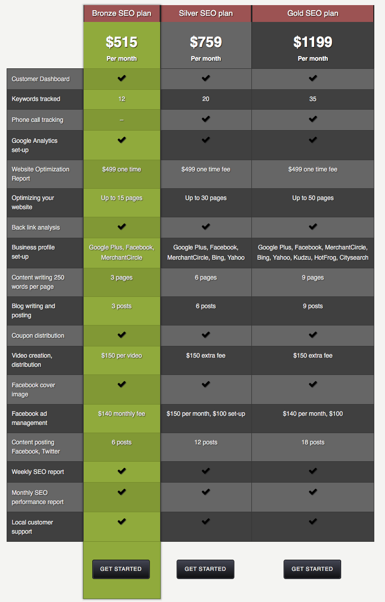 SEO pricing options for local plans